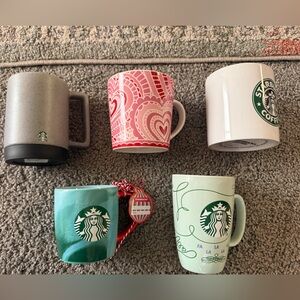 Lot of 5 Starbucks Colorful Mug Set with Red and Green Designs